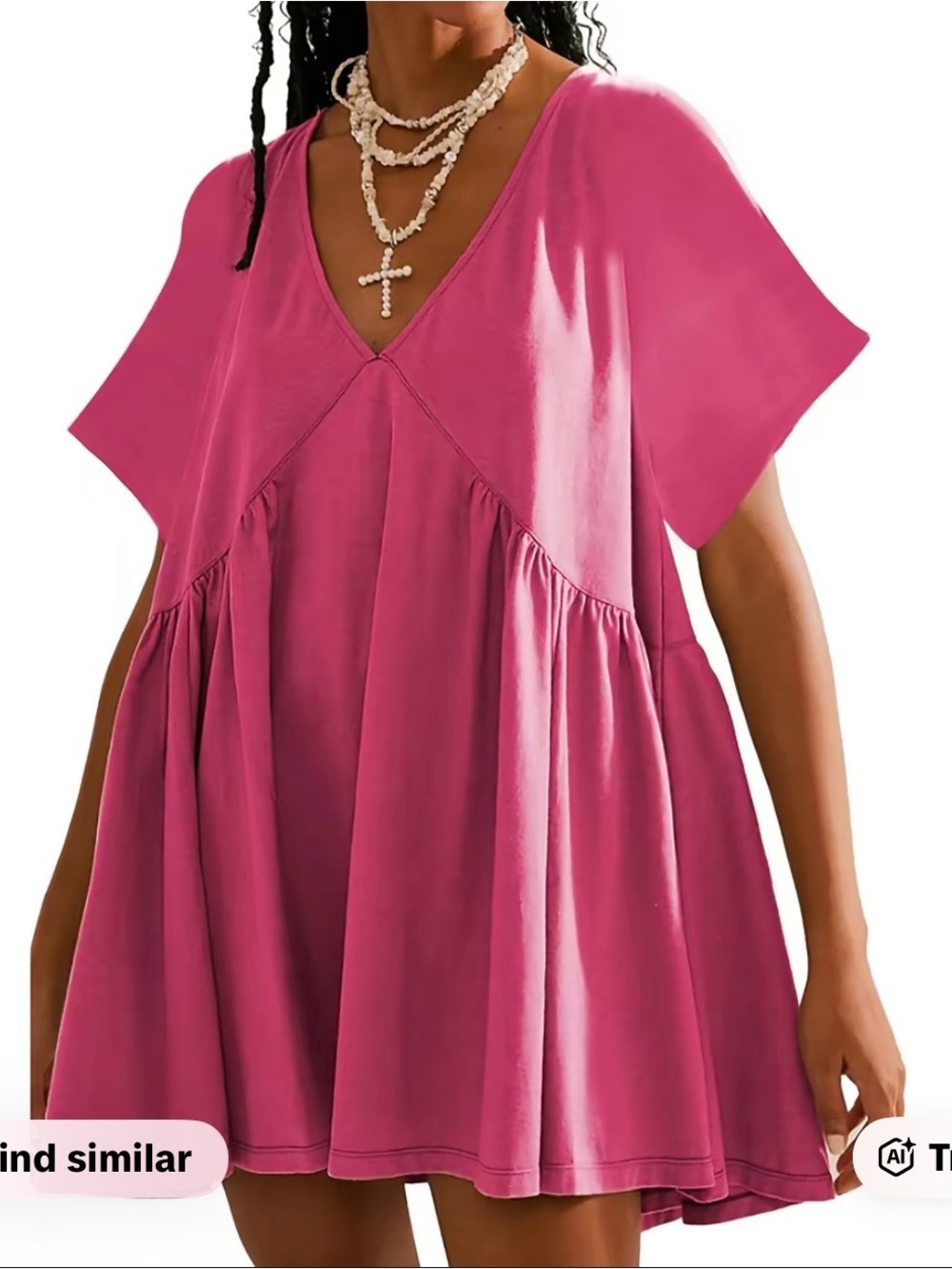 Women's V-Neck Flutter Sleeve Tunic Top in Raspberry Pink